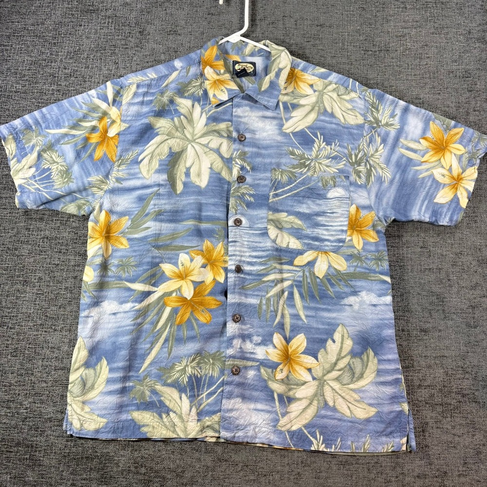 Tommy Bahama Button Up Shirt Mens M Blue Yellow Tropical Floral Rayon Camp Pocke